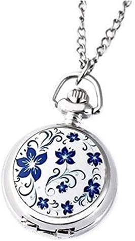 ペンダント 時計 懐中時計 ネックレス かわいい 小さめ 花柄 ブルー ポケットウォッチ アンティーク